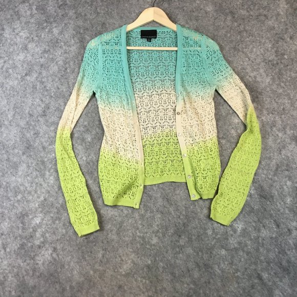 Cynthia Rowley Sweater S Cardigan Dip Dye Cotton Blend Blue Green Open Knit - Picture 1 of 12